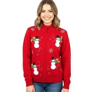 Vintage 90s Ugly Christmas Sweater Red Full Zip Cardigan Snowman Women M Grandma